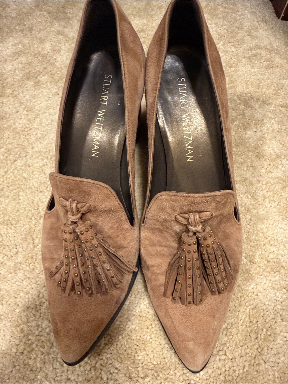 Stuart Weitzman Taupe Suede Tassel Pointed Loafers